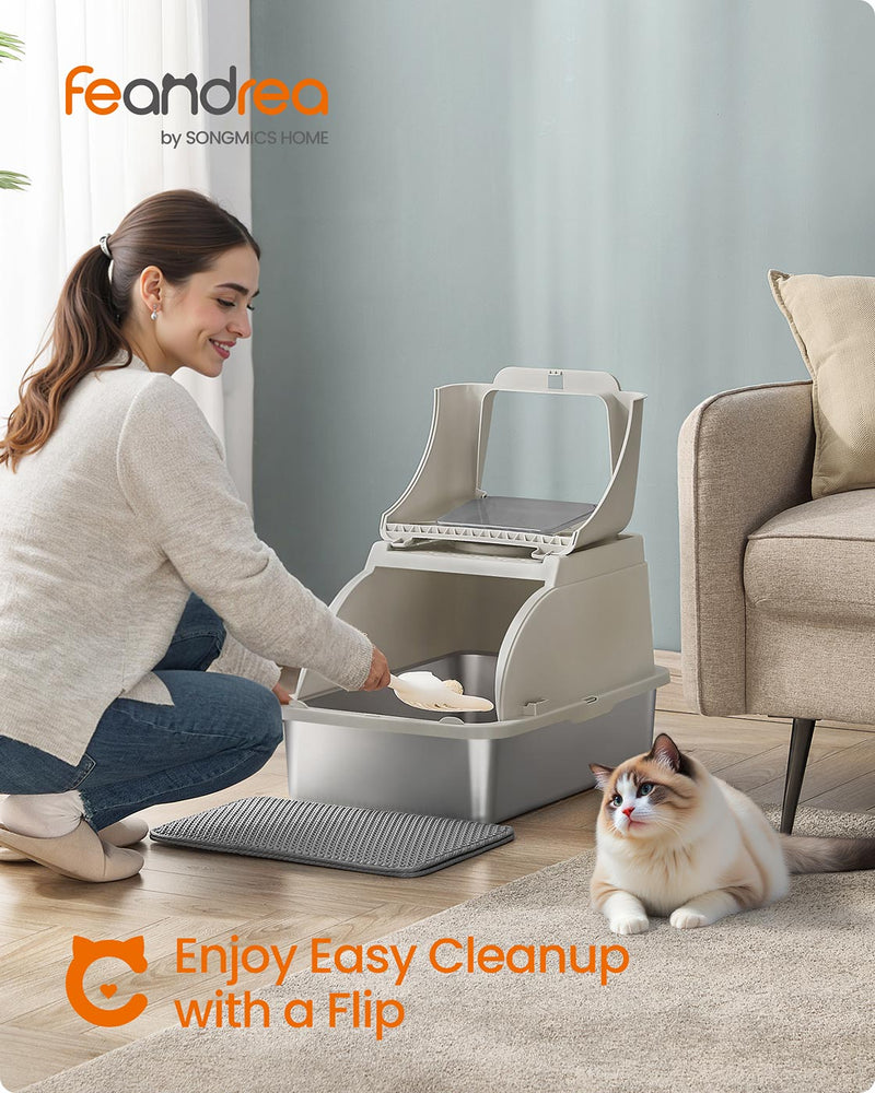 Beige cappuccino litter box shown with flip lid open and included scoop