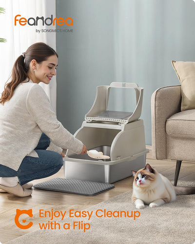 Beige cappuccino litter box shown with flip lid open and included scoop