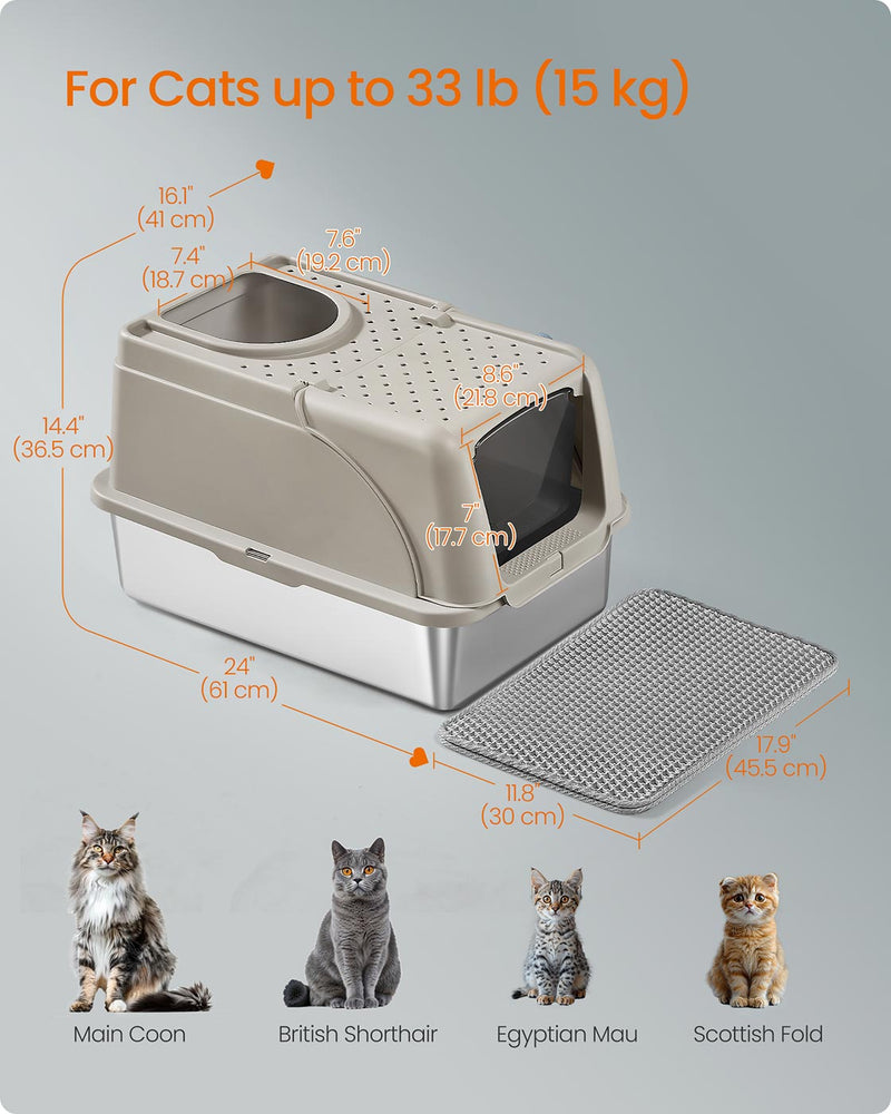 Dimensions diagram of the beige cappuccino stainless steel litter box at 61 x 41 x 36.5 cm