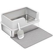 PawHut XL stainless steel cat litter tray with scoop and mat, light grey