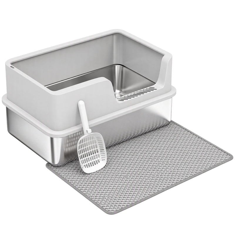 PawHut XL stainless steel cat litter tray with scoop and mat, light grey