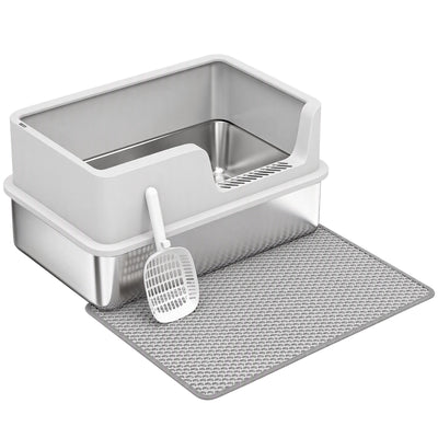 PawHut XL stainless steel cat litter tray with scoop and mat, light grey