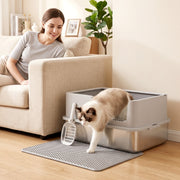 Cat stepping out of the stainless steel litter tray in a living room