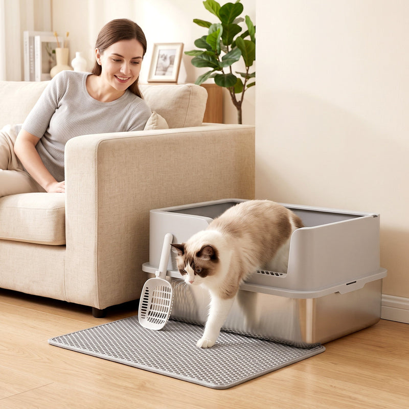 Cat stepping out of the stainless steel litter tray in a living room