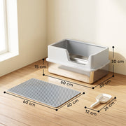 Dimension diagram showing 60L x 40W x 30H cm tray, mat and scoop sizes
