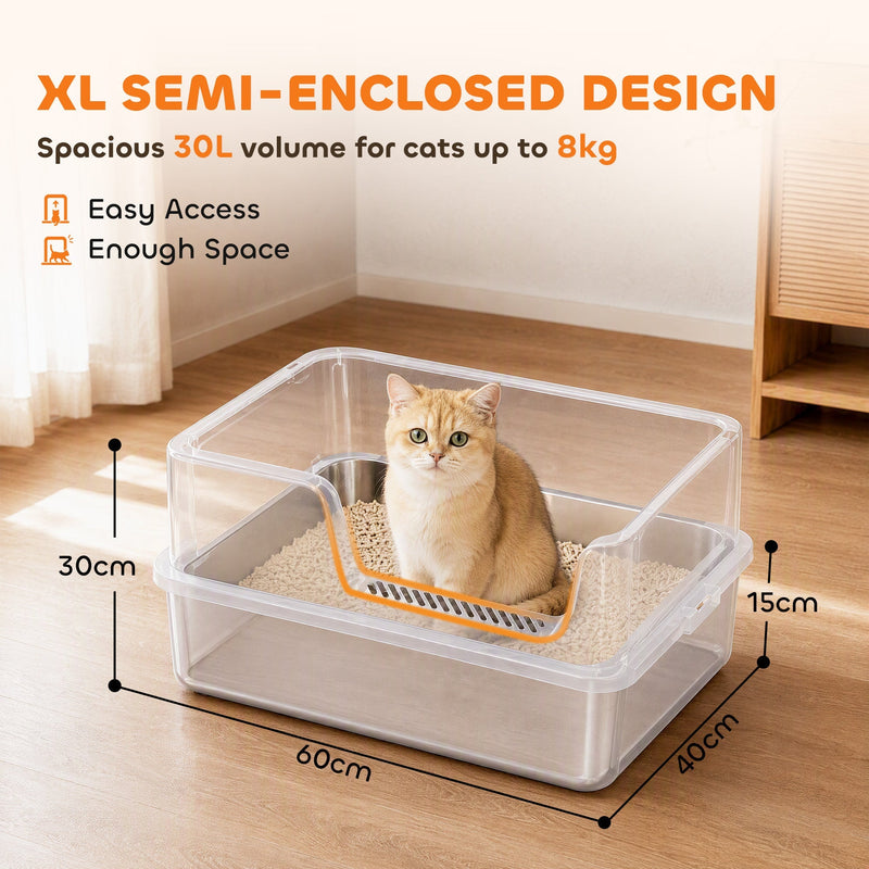 Cat sitting inside the tray showing the semi-enclosed XL design and dimensions