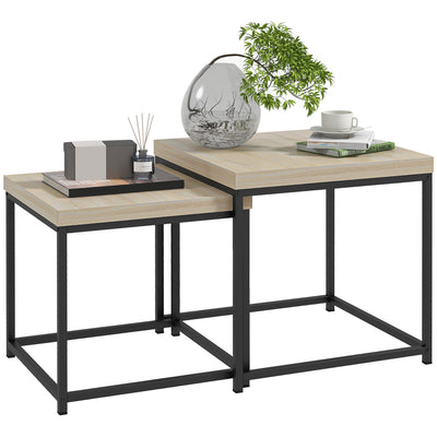 Set of 2 Oak Nesting Coffee Tables with 3.5cm Thick Tabletops by HOMCOM