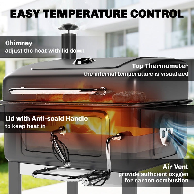 Charcoal BBQ Grill with Large Cooking Area and Easy Heat Control for Garden Gatherings Black