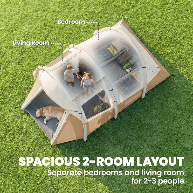 Inflatable Two Room Camping Tent for Quick Five Minute Setup Waterproof for 2 to 3 People Khaki Beige