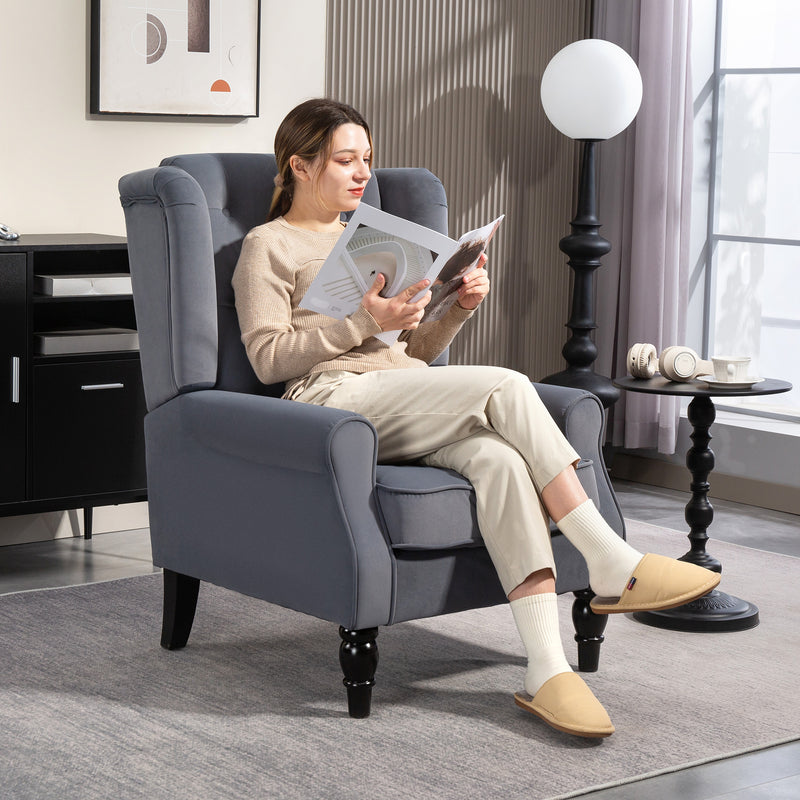 Grey Wingback Accent Chair With Button Tufted Backrest For Living Room Or Bedroom Use