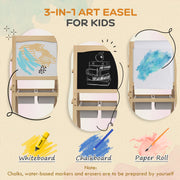 3 in 1 Kids Art Easel with Paper Roll and Storage Baskets for Ages 3 to 6, Natural Wood Finish