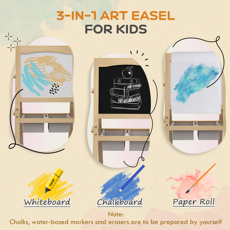 3 in 1 Kids Art Easel with Paper Roll and Storage Baskets for Ages 3 to 6, Natural Wood Finish