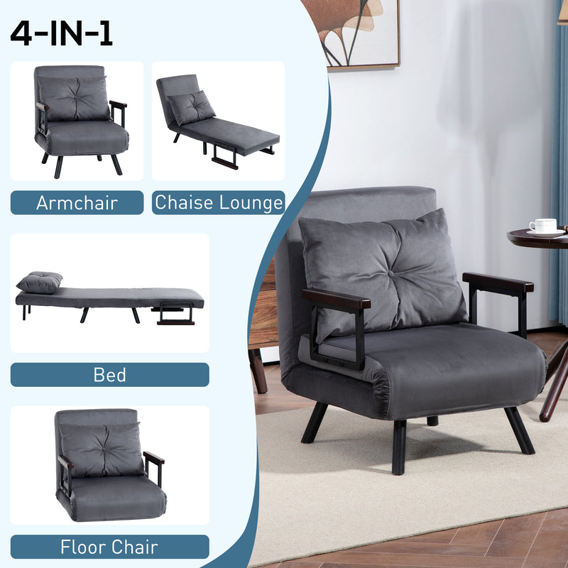 4 in 1 Single Sofa Bed Chair with Pillow Converts to Lounger or Bed Charcoal Grey
