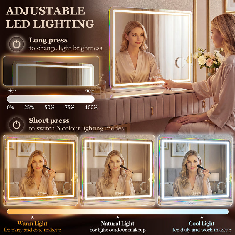 Vanity Mirror with Adjustable LED Lights and Bluetooth Speaker for Makeup and Hair White AOSOM