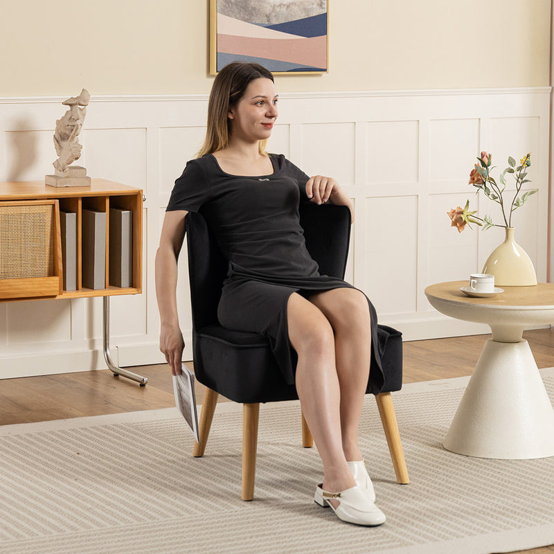 Modern Fabric Accent Chair with Thick Padding and Rubber Wood Legs for Living Room, Black