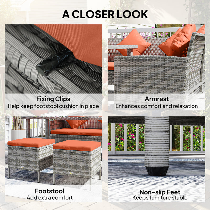 4 Seater Rattan Garden Sofa Dining Set with Cushions and Table for Family Gatherings, Mixed Grey/Orange Outsunny