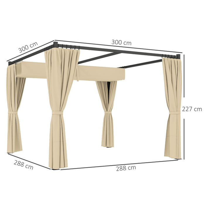 Khaki 3 x 3m Retractable Pergola with Curtains Garden Gazebo Shelter for Patio and Deck by Outsunny