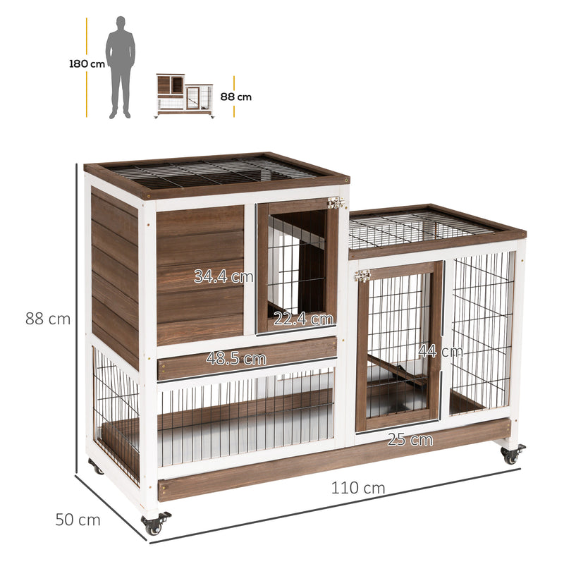 Two Tier Rabbit Hutch with Wheels for Indoor or Outdoor Use Pet Cage, Brown