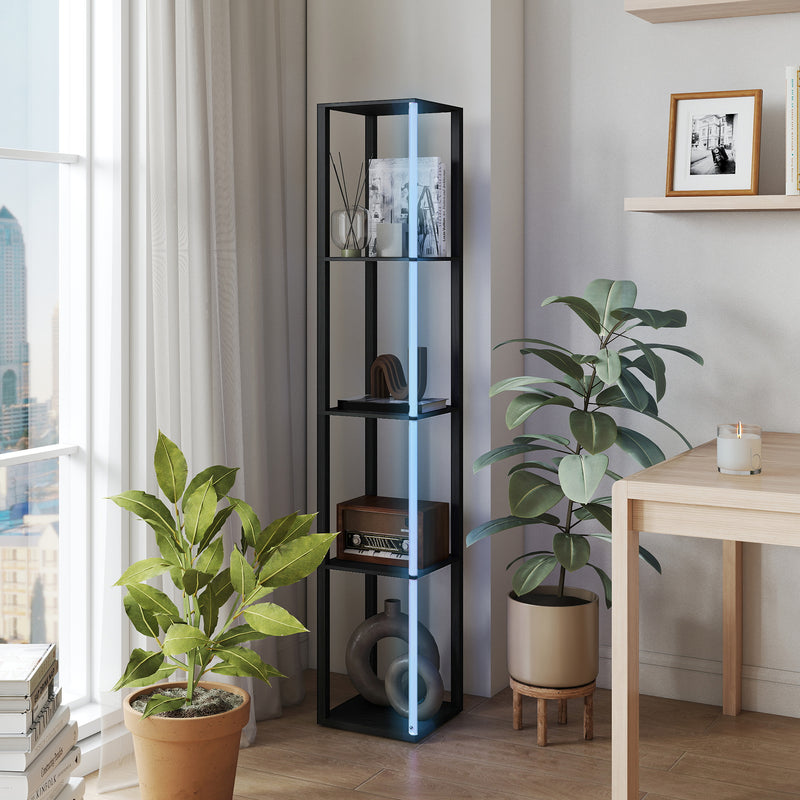 Modern LED Floor Lamp With Storage Shelves And Remote Control For Living Room Black