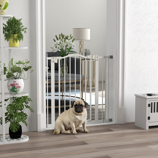 Adjustable Metal Pet Gate with Auto Close Door for Doorways and Stairs White