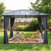 3x4m Garden Gazebo with Polycarbonate Hardtop Roof for Year Round Shelter and Privacy Dark Grey Outsunny