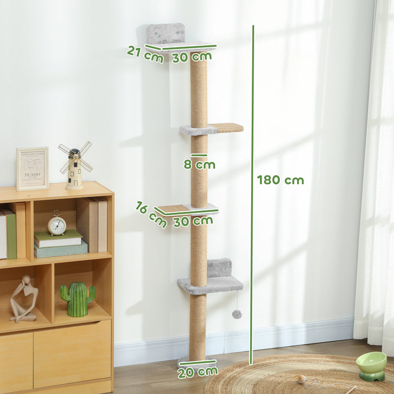 Wall Mounted Cat Climbing Shelves With Scratching Post and Toy Ball 180cm Tall For Indoor Catshi, Light Grey