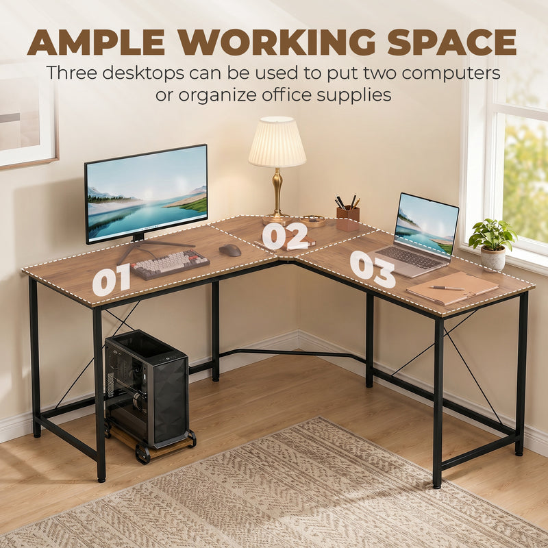 L Shaped Corner Desk for Home Office with Spacious Worktops and Movable Shelf Black Grey
