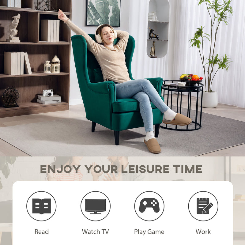 Dark Green Velvet Wingback Armchair With High Back And Pillow For Living Room Comfort