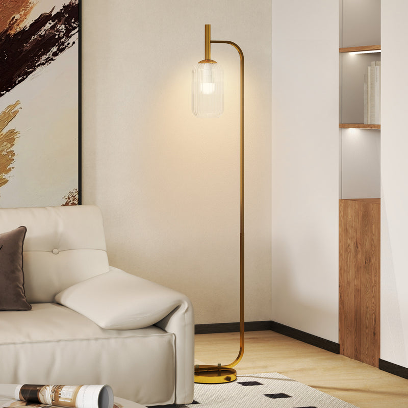 Modern LED Floor Lamp with Glass Shade and Foot Switch for Bedroom or Lounge Gold Tone