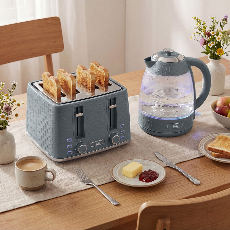 4 Slice Toaster and 17L Fast Boil Kettle Set With Adjustable Heat Settings Grey