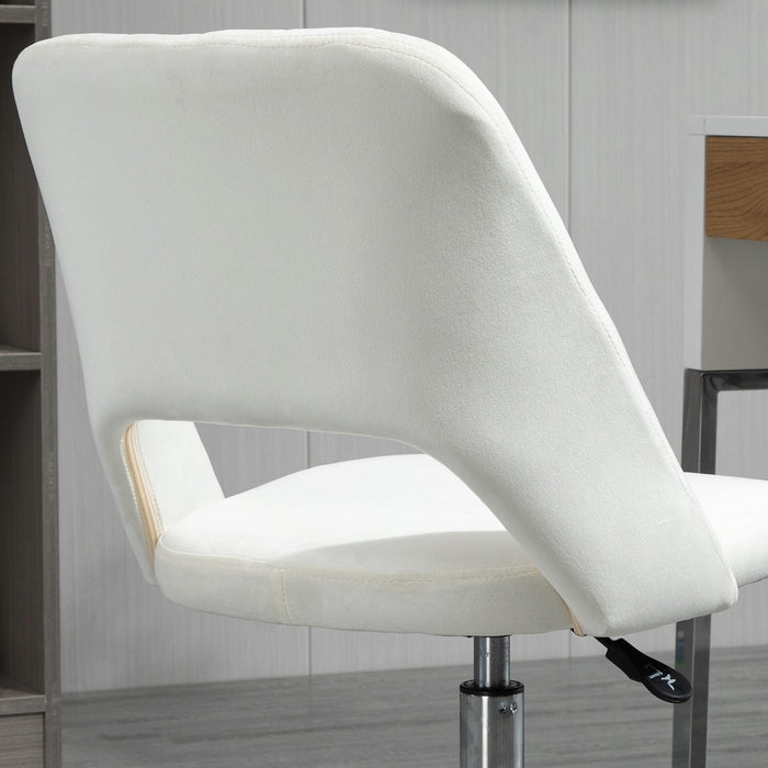 Cream White Armless Velvet Feel Swivel Office Chair Ergonomic Design by Vinsetto