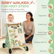 Wooden Baby Push Walker With Xylophone Bead Maze And Speed Control Toy Green AOSOM