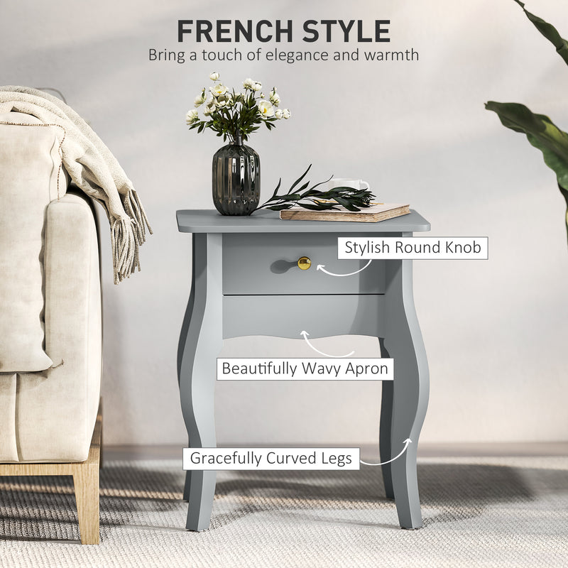 French Style Side Table With Storage Drawer Ideal For Bedrooms Or Living Rooms, Grey