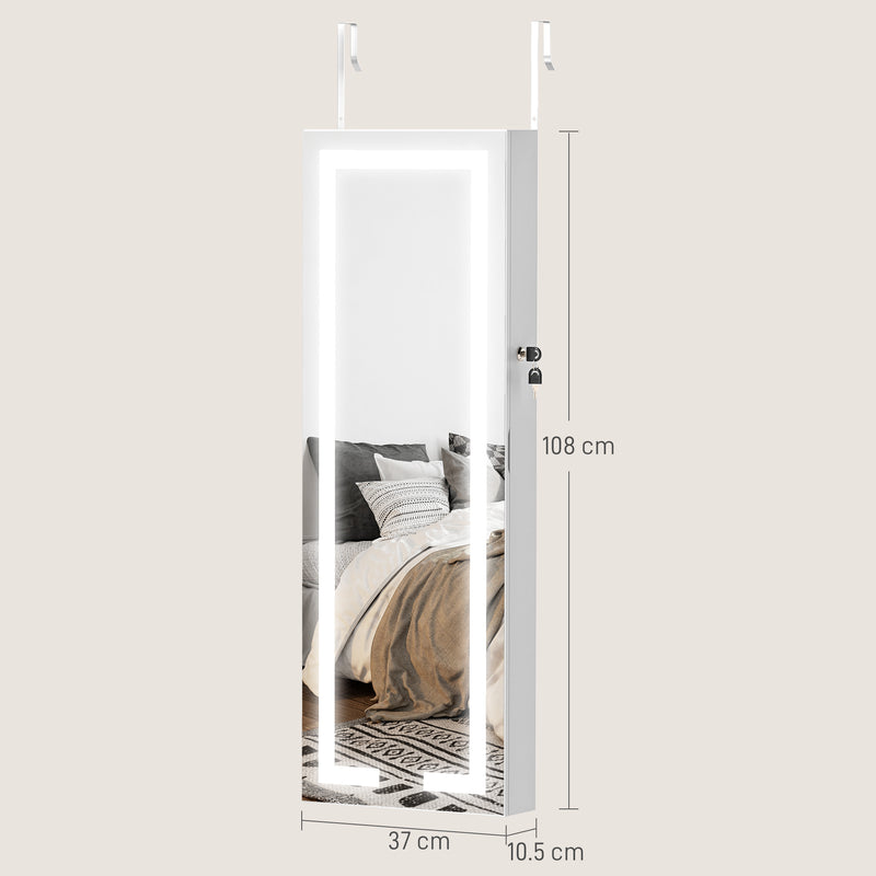 Jewellery Storage Cabinet with Full Length Mirror and LED Lights Wall or Door Mounted White