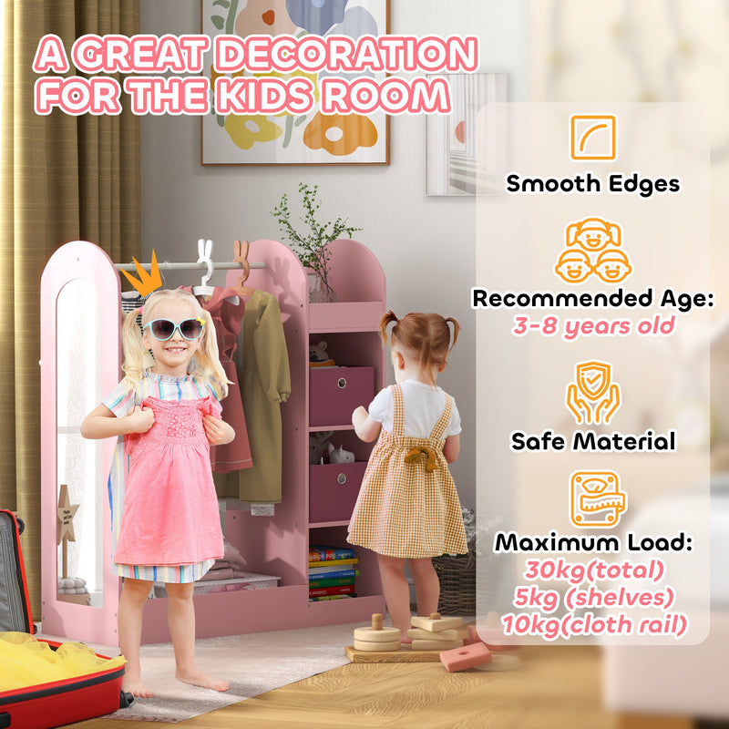 Kids Clothes Rail with Storage Shelf Mirror and Boxes for Bedroom or Nursery Pink by AIYAPLAY