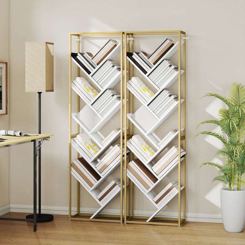 Modern Bookcase For Living Room Organisation - 10 Tiers - Gold Metal Frame With Angled White Shelves Homcom
