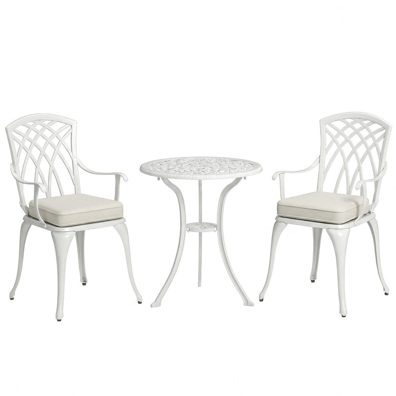 Garden Bistro Set for 2 with Cushions and Parasol Hole, Cast Aluminium White Outsunny