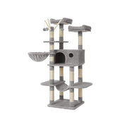 Light grey Feandrea 164 cm cat tree with large cave, hammock and tilting basket on a white background