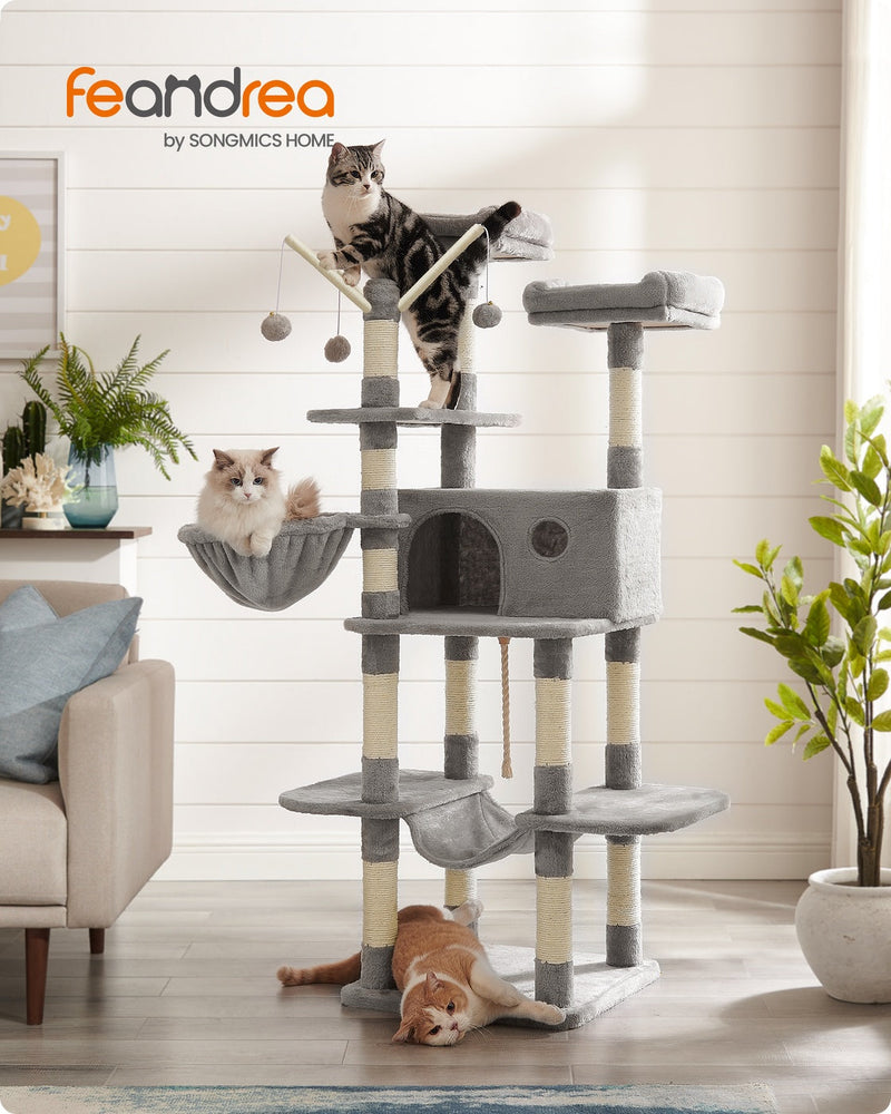 Light grey 164 cm cat tree in a living room with two cats on the perches and a dog below