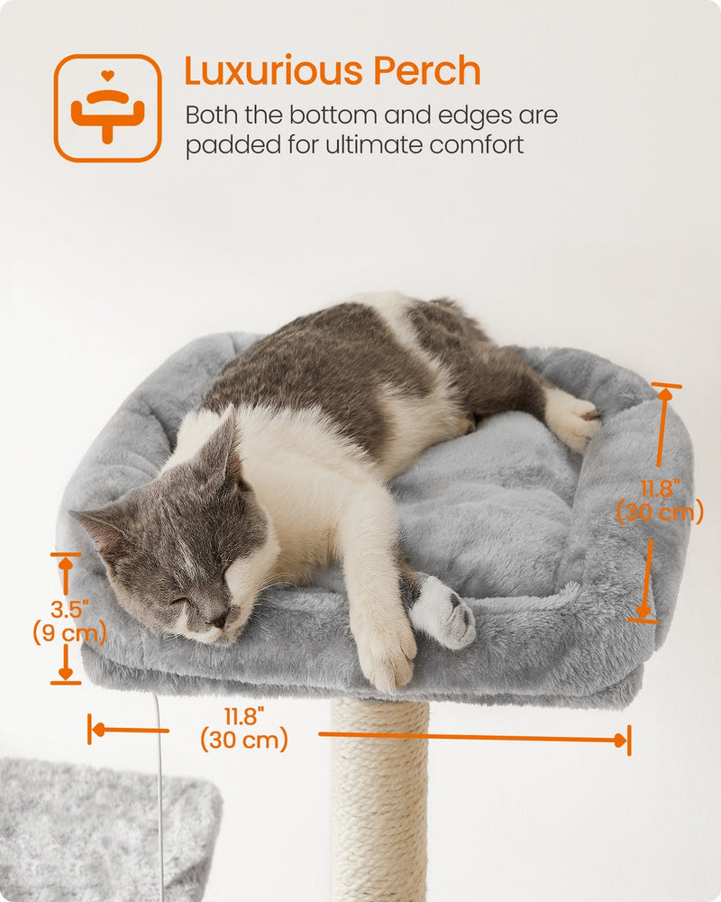 Close-up of a cat lying on the padded 30 cm top perch with raised edges