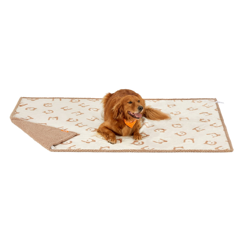 Feandrea XXL beige waterproof sherpa fleece dog blanket with a large dog lying on it