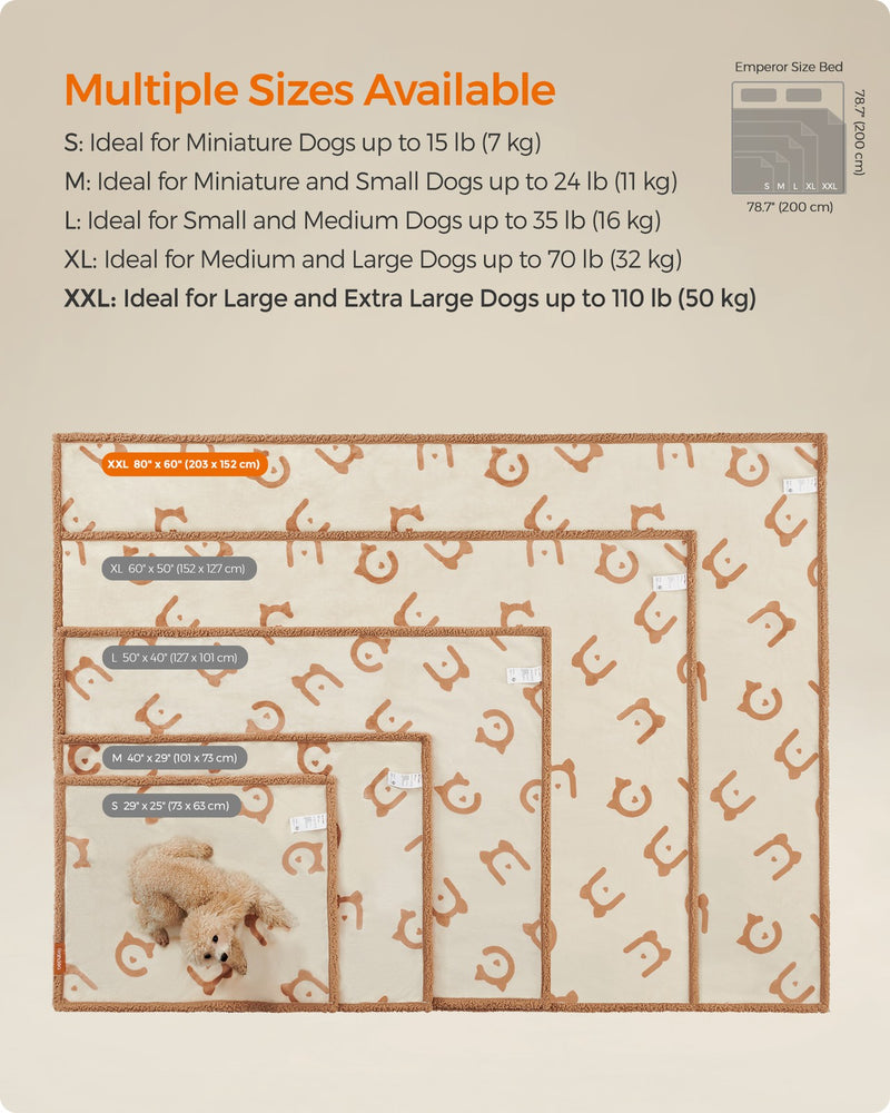 Size guide diagram comparing S, M, L, XL and XXL Feandrea dog blanket dimensions