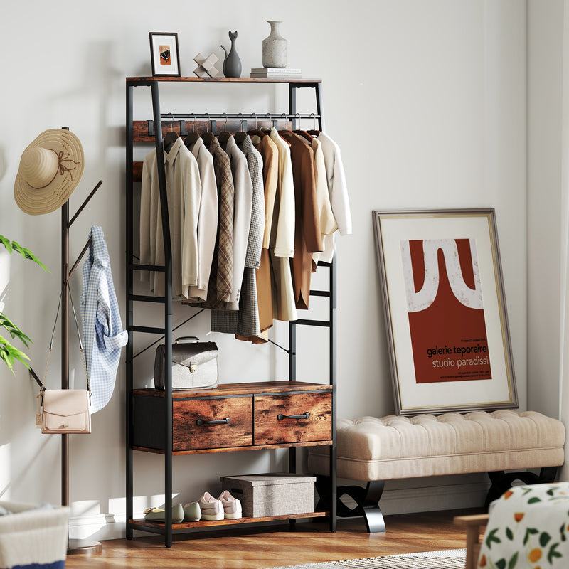 6 in 1 Industrial Hallway Organiser With Hooks and Shoe Bench For Entryway Brown Black