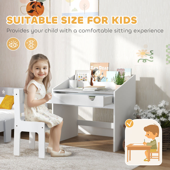 Kids Study Table and Chair Set with Storage and Pull-Out Drawer Grey by AIYAPLAY
