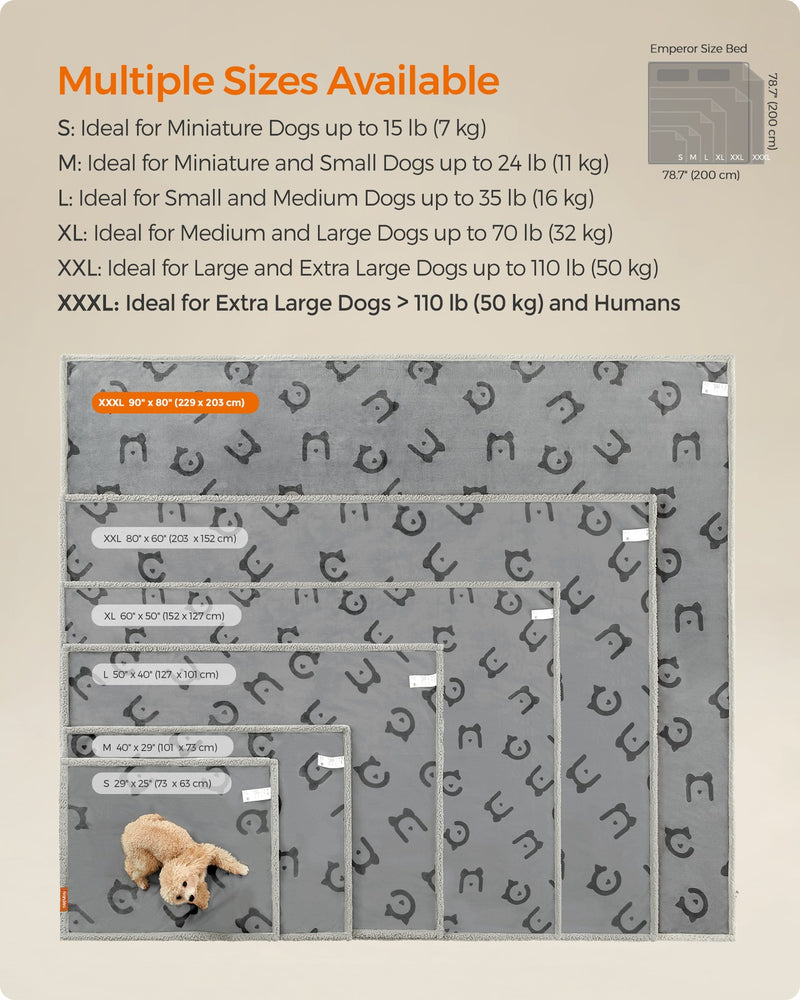 Size guide diagram comparing S, M, L, XL and XXL Feandrea dog blanket dimensions