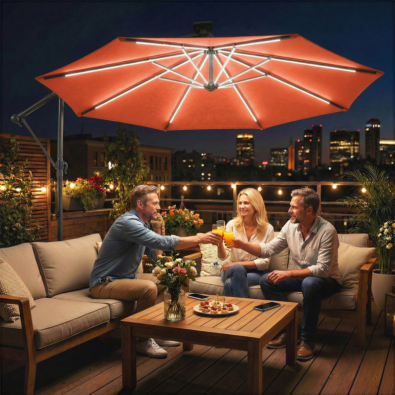 3m Cantilever Parasol Umbrella with Lights and Adjustable Shade For Patio or Garden, Orange
