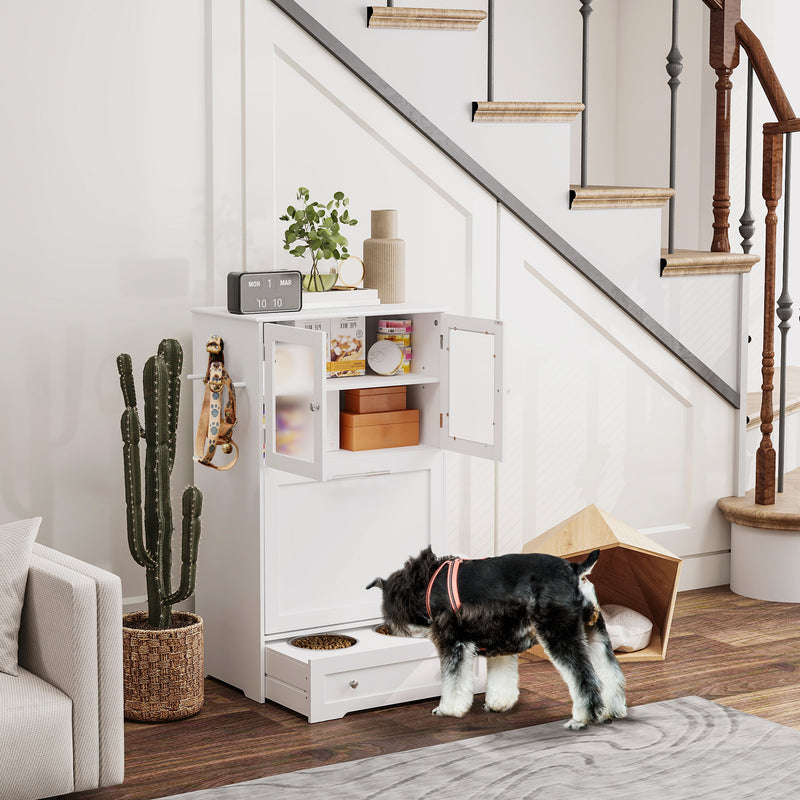 Dog Feeding Station with Raised Bowls Storage Cabinets and Hooks for Food and Supplies