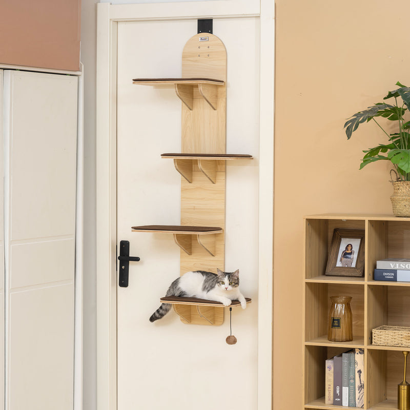 4 Level Door Mounted Cat Tree With Plush Mats And Toys For Indoor Climbing Grey