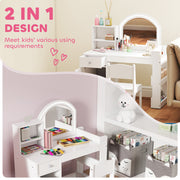 Kids Vanity Table Set with LED Mirror Storage Shelves and Chair for Girls Bedroom White