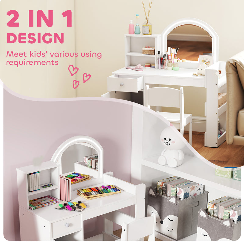 Kids Vanity Table Set with LED Mirror Storage Shelves and Chair for Girls Bedroom White